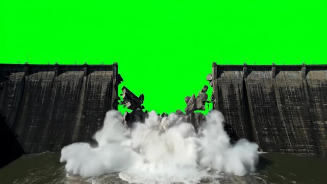 Broken Dam with Water Gushing - Green Screen - A large concrete dam is shown with a significant breach in the center, resulting in a powerful torrent of water rushing through the gap.