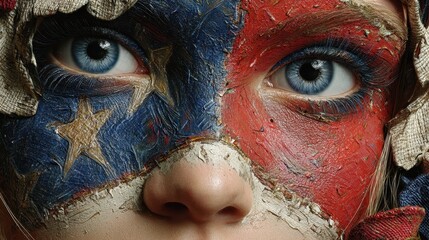 Close-Up of Eyes with Unique Face Paint in Red White and Blue