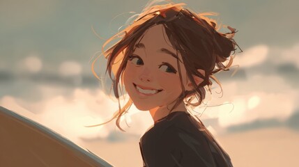 Joyful Young Woman Smiling at the Beach with Surfboard in Hand