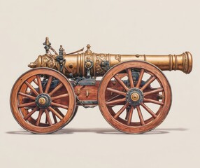 Fototapeta premium Detailed illustration of a historic cannon on wooden carriage antique style