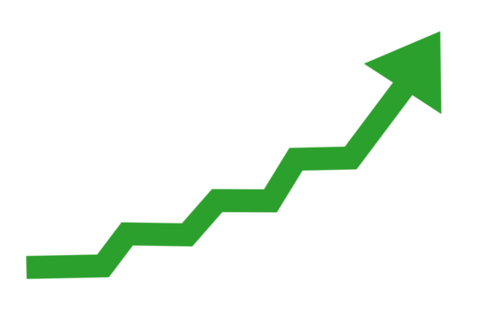 Green zigzag upward arrow symbol for growth, success, progress, business increase, financial rise, and positive trend graphic design element