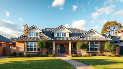 Fototapeta premium Charming Australian-style suburban home with a manicured lawn, bathed in natural daylight under a soft cloudy sky.