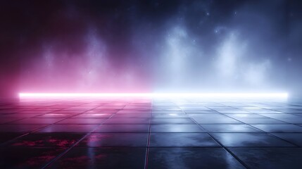 Futuristic abstract stage with split pink and blue neon lighting on a reflective tiled floor and atmospheric haze