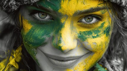Young Woman with Colorful Face Paint in Black and White Portrait