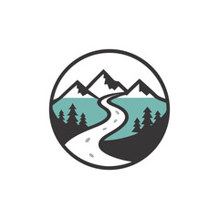 Minimalist flat vector monochrome icon of mountains river and forest for nature travel adventure