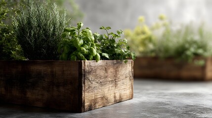 Rustic wooden planter box filled with fresh green culinary herbs including basil rosemary and parsley set against a softly blurred background