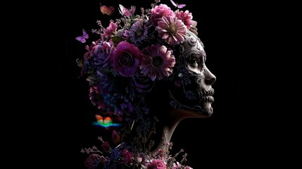 Ethereal Woman with Floral Veil and Butterflies in Dark Background