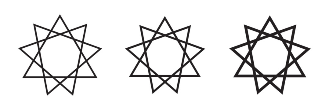 Bahai star. Black linear Baha'i symbols set. nine pointed star bahai symbol set. Religious symbol of Bahaism. Vector illustration.