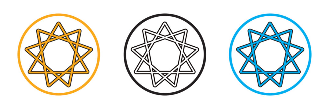 Bahai star. Black linear Baha'i symbols set. nine pointed star bahai symbol set. Religious symbol of Bahaism. Vector illustration.