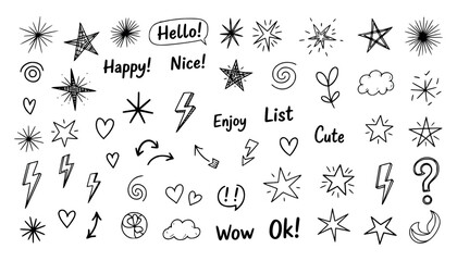 Vector art of collection of handdrawn doodle elements including stars, hearts, clouds, lightning bolts, arrows, and text phrases like hello, happy, nice, enjoy, list, cute, wow, ok