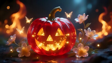 Red Glass Pumpkin Glowing from within with Warm Golden Fairy Lights