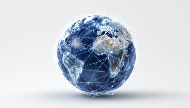 Digital network globe with glowing connections on white background