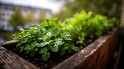 Fresh green herbs are thriving in a rustic wooden planter box suggesting urban gardening and natural growth