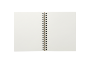 Blank open spiral-bound notebook mockup, isolated on white with subtle shadow, offering clean pages for design presentation or custom content display