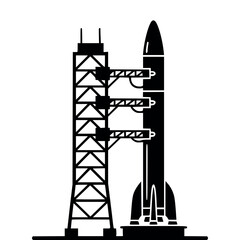 Vector art of black and white illustration of a rocket on a launchpad with a service tower