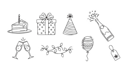 Hand drawn birthday celebration elements collection simple sketch icons for festive design needs vector