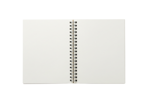 Blank open spiral-bound notebook mockup, isolated on white with subtle shadow, offering clean pages for design presentation or custom content display