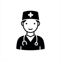 A clean glyph-style doctor icon in black and white, showing a smiling doctor with a stethoscope and medical cap, perfect for representing healthcare, medical staff, or hospital services