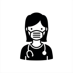 A clean glyph-style doctor icon in black and white, showing a smiling doctor with a stethoscope and medical cap, perfect for representing healthcare, medical staff, or hospital services