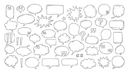 Vector art of collection of handdrawn speech bubbles and thought bubbles with various shapes and sizes