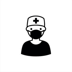 A clean glyph-style doctor icon in black and white, showing a smiling doctor with a stethoscope and medical cap, perfect for representing healthcare, medical staff, or hospital services