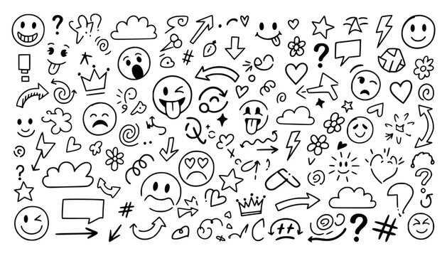 Vector art of a collection of handdrawn doodle icons and symbols, including emojis, clouds, arrows, and stars