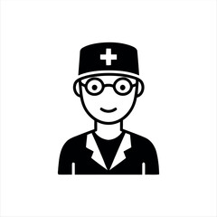 A clean glyph-style doctor icon in black and white, showing a smiling doctor with a stethoscope and medical cap, perfect for representing healthcare, medical staff, or hospital services