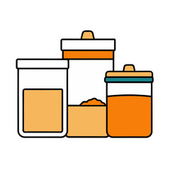 Set of flat vector jars with orange liquids and lids isolated illustration