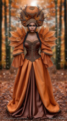 Obraz premium Dramatisches Fashion-Portrait einer Frau in voluminösem Herbstkleid mit fallenden Ahornblättern