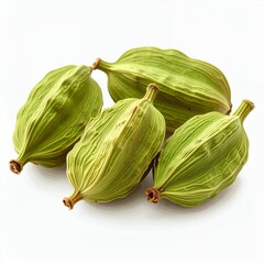 Isolated aromatic green cardamom pods exhibit intricate texture on a pristine white backdrop