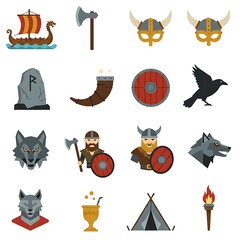 Fototapeta premium A collection of flat-style illustrations depicting various Viking symbols and elements, isolated on white.