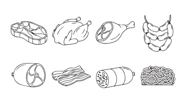 Set of hand drawn meat products including steak chicken ham sausages and bacon for culinary use vector