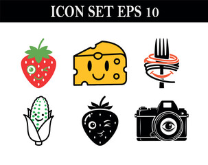 Vector art of cute icon set with strawberry, cheese, spaghetti, corn, and camera