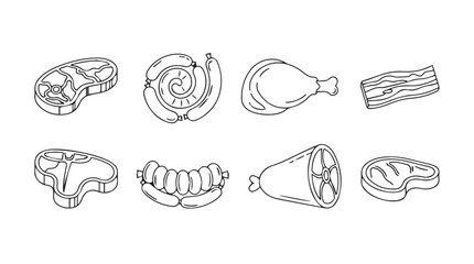 Set of delicious hand drawn meat cuts and poultry isolated on collection vector