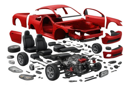 Red sports car exploded view showing internal components and chassis assembly isolated on transparent background