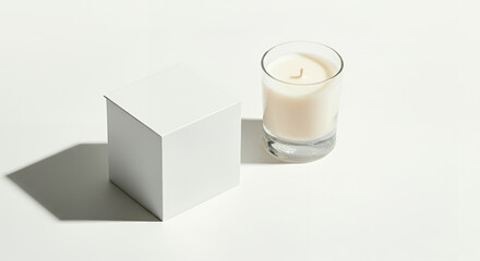 Minimalistic scented candle in a glass holder next to a white packaging box on a light background