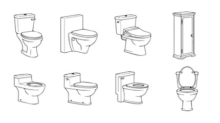 Collection of toilet designs modern and traditional bathroom fixtures for plumbing and home improvement vector