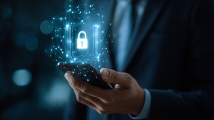A professional individual holds a smartphone that features a digital padlock icon, symbolizing robust protection and digital security.
