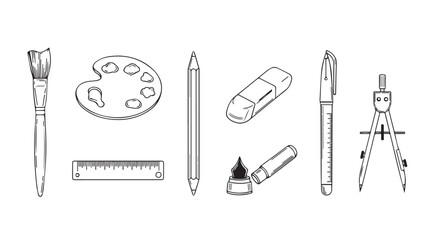 Art supplies tools collection drawing sketching painting studio creative crafting studio design drawing drafting vector