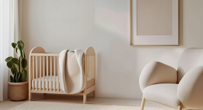 Calm and cozy nursery with a wooden crib, soft decor, and neutral color palette for a soothing atmosphere