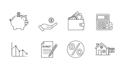 Financial icons set piggy bank hand wallet calculator chart paper house loan money savings vector