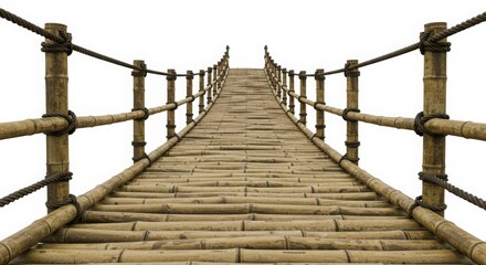 Low-angle shot of a rustic bamboo footbridge, handmade style, from the bottom of the walkway in hyper-realistic style isolated on white background