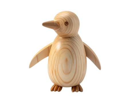 Minimalist Small Wooden Penguin Figurine with Simplified Silhouette, Top-Down View, Isolated on Transparent Background  