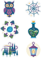 Enchanted Forest Halloween Vector Sticker Icons with Owl, Mushrooms, Potion, Lantern, and Magical Elements