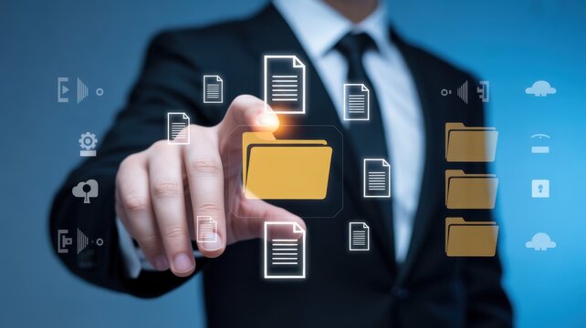 Digital File Management: A focused individual in professional attire navigates a cutting-edge interface, selecting digital files within a futuristic network, symbolizing modern data management.