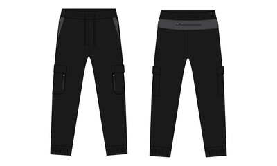Sweatpants technical drawing vector illustration black color template front and back