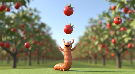 Happy Caterpillar Playing with Apples in an Orchard.