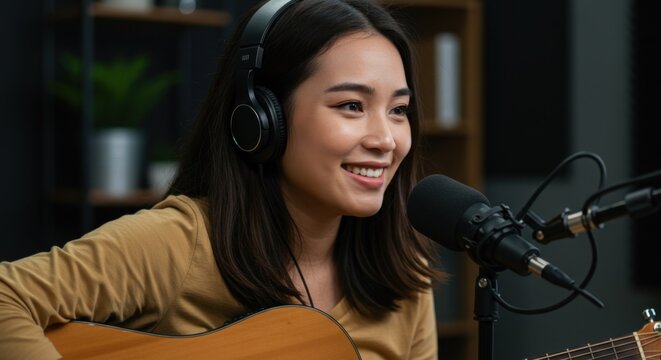 Smiling Asian Woman Singing and Playing Guitar in a Recording Studio
