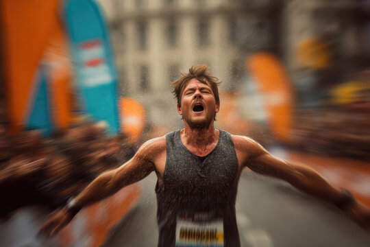 Woman celebrating victory with arms raised in city street in triumphant joy