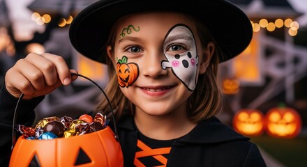 Portrait of a joyful young girl in a witch costume with creative face paint, happily holding a jack-o'-lantern bucket full of Halloween candy